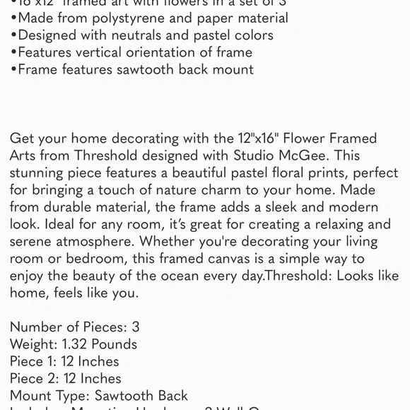 NWT (Set of 3) 12"x16" Flower Framed Arts - Threshold designed with Studio McGee - Picture 4 of 4